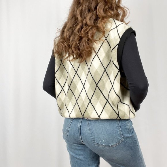 Vintage Preppy Argyle Oversized Teddy Sweater Vest Dark Light Academia Aesthetic - Picture 3 of 13